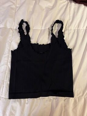 Black Ribbed Lettuce-Edge Tank Top